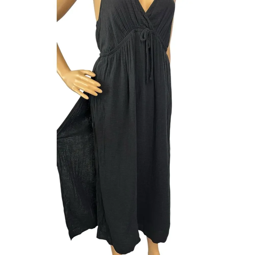 NWT DKNY V-Neck Front Tie Maxi Dress Cover Up Black Beachwear Side Slit Size M